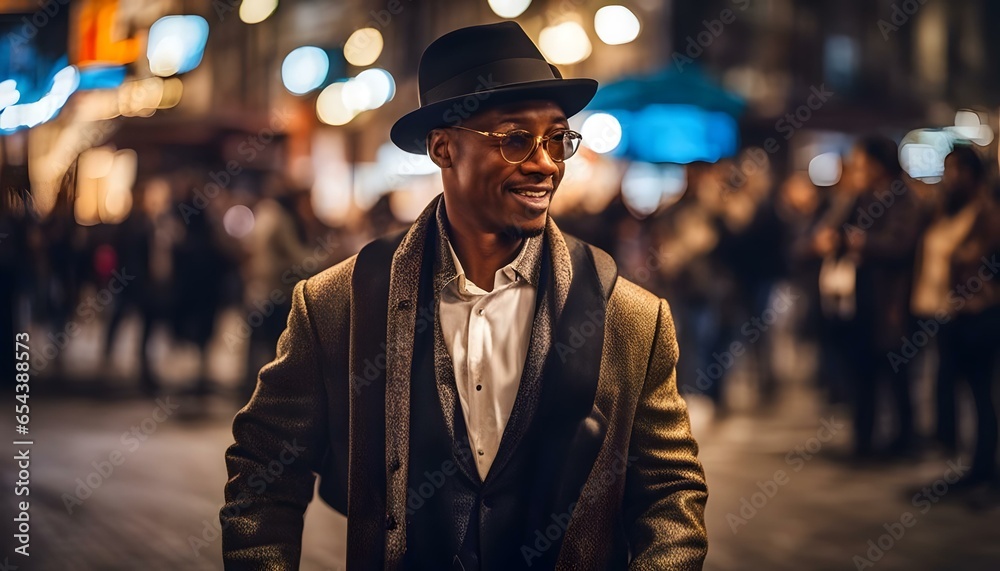 Portrait of a man on the street with a bustling city as a blurred background. Smiling man African American man on the city Portrait of a man on the street with a bustling city as a blurred background. Smiling man African American man on the city