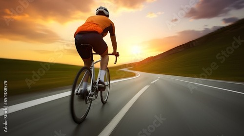 Healthy man riding bike on the road at sunset