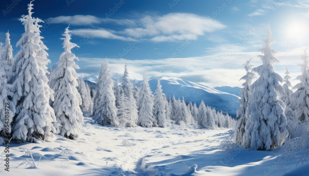Winter landscape with snow-covered forest. - obrazy, fototapety, plakaty 