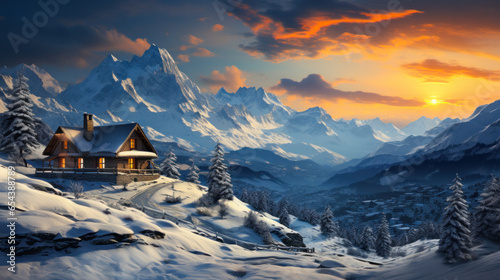 Winter snow landscape with wooden chalets in snowy mountains. photo