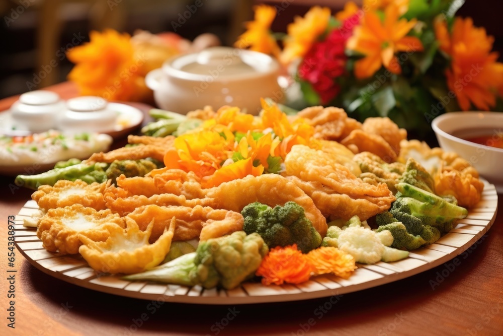 The closeup shot exhibits a irresistible plate of vegetable tempura where every individual piece steals the show. The meticulously arranged platter showcases a symphony of vegetables, including