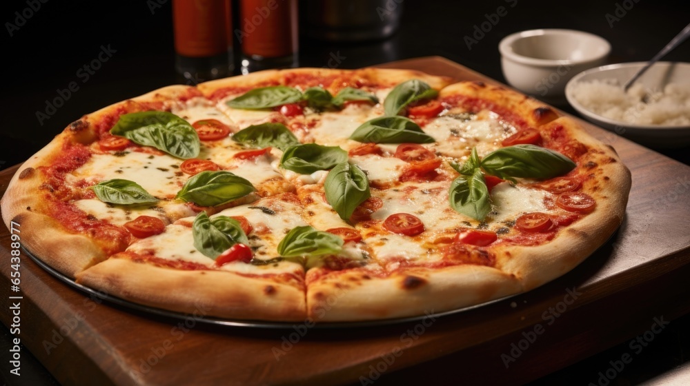 The pizza Margherita boasts a visually appealing color palette, with the deep red tomato sauce contrasting against the pale white of the melted cheese and vibrant green basil leaves.