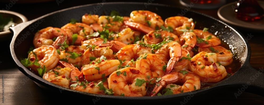The closeup shot reveals plump shrimp bursting with flavor, adorned with a sprinkle of fiery red chili flakes, fresh parsley, and a squeeze of zesty lemon, enticing the taste buds with a The closeup shot reveals plump shrimp bursting with flavor, adorned with a sprinkle of fiery red chili flakes, fresh parsley, and a squeeze of zesty lemon, enticing the taste buds with a