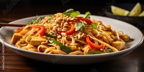 This visually stunning Pad Thai showcases a medley of color and textures. Delicate strips of tofu mingle with vibrant red bell peppers and golden bean sprouts, all coated in a rich peanut