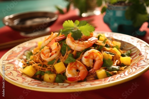 A visually striking plate of Pad Thai featuring succulent shrimp and juicy chunks of pineapple. The sweetness of the fruit perfectly complements the tangy tamarindinfused sauce and the earthy photo