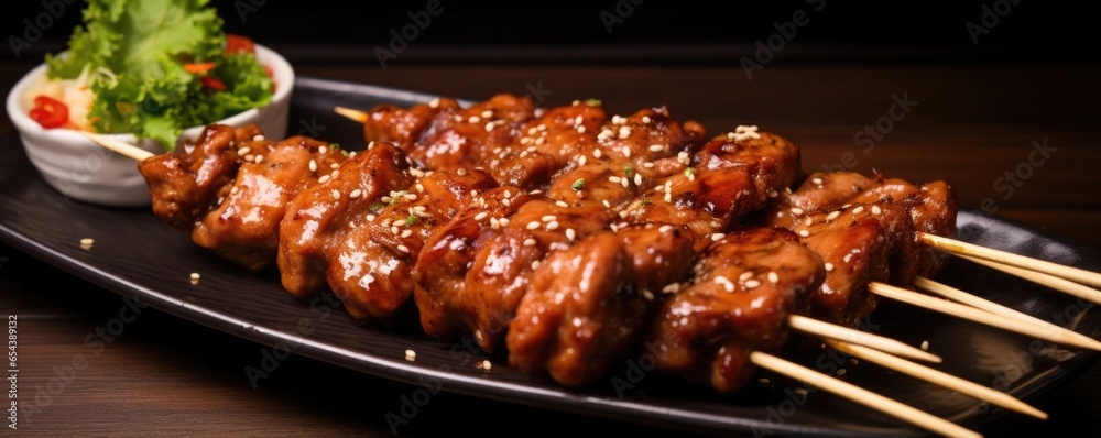 Grilled chicken skewers, skewered through succulent chunks of meat, glazed with a mouthwatering blend of teriyaki sauce, soy, and honey, resulting in a marvelous balance of flavors.