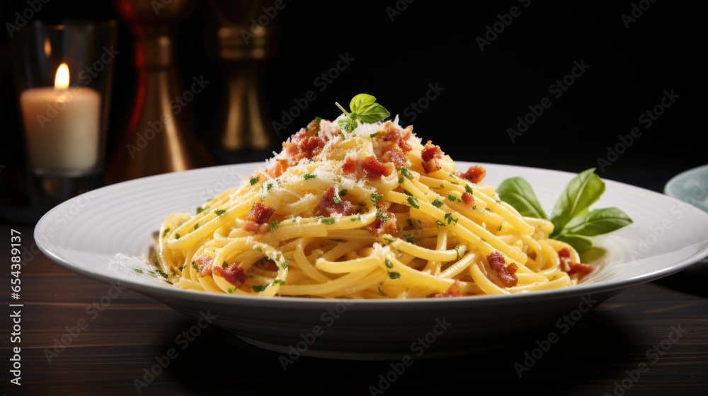 This spaghetti carbonara is an ode to simplicity. The elegant marriage of al dente spaghetti and a silky sauce, enriched with eggs and cheese, highlights the mastery of Italian cuisine. This spaghetti carbonara is an ode to simplicity. The elegant marriage of al dente spaghetti and a silky sauce, enriched with eggs and cheese, highlights the mastery of Italian cuisine.