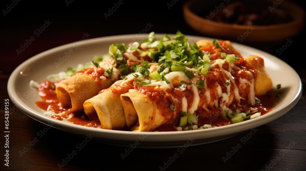 This captivating shot captures the essence of chicken enchiladas, presenting flawlessly rolled tortillas that are beautifully stuffed with a generous filling of seasoned chicken. The enchiladas This captivating shot captures the essence of chicken enchiladas, presenting flawlessly rolled tortillas that are beautifully stuffed with a generous filling of seasoned chicken. The enchiladas