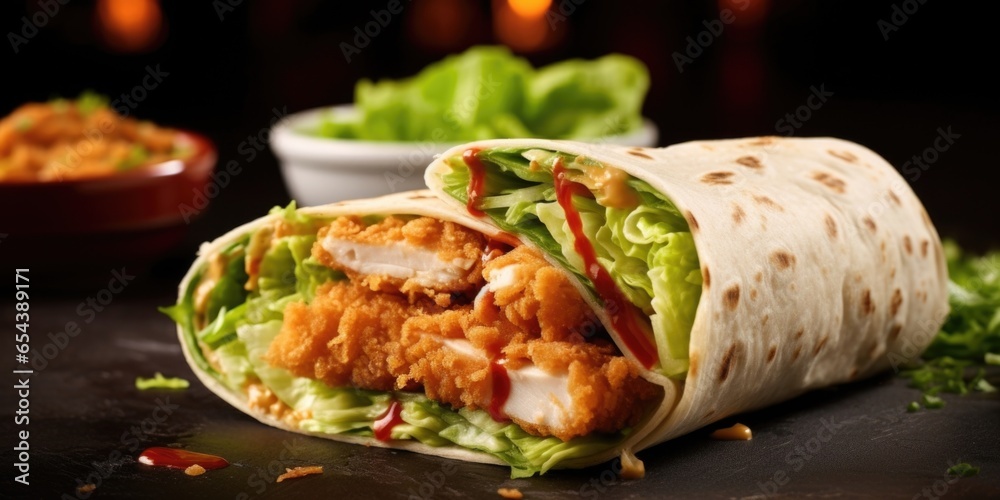 The alluring photograph captures the wraps textural variation, from the crispy crunch of lettuce to the tender chicken, creating a satisfying and enjoyable eating experience. - obrazy, fototapety, plakaty 