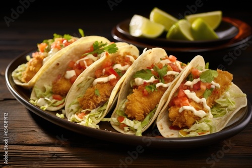 An appetizing arrangement capturing the culinary delights of Bajastyle fish tacos. The tacos feature crispy beerbattered fish, nestled in warm flour tortillas. Topped with a refreshing combo