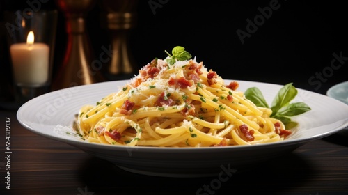 This spaghetti carbonara is an ode to simplicity. The elegant marriage of al dente spaghetti and a silky sauce  enriched with eggs and cheese  highlights the mastery of Italian cuisine.