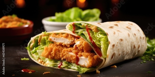 The alluring photograph captures the wraps textural variation, from the crispy crunch of lettuce to the tender chicken, creating a satisfying and enjoyable eating experience. photo