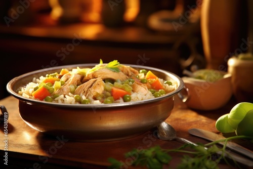 A visually stunning composition featuring a deep bowl of chicken gumbo, highlighting the golden hues of the roux, medley of vegetables, and tender chicken, all arranged in perfect harmony.