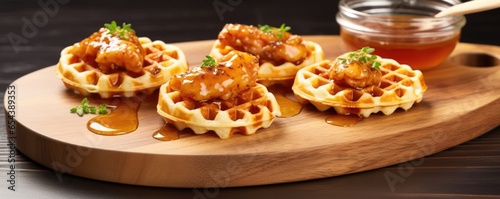 An artistic shot focusing on a trio of mini chicken and waffle bites. Each bitesized waffle is sandwiched between two tender chicken wings coated in a bold, y marinade. Garnished with a