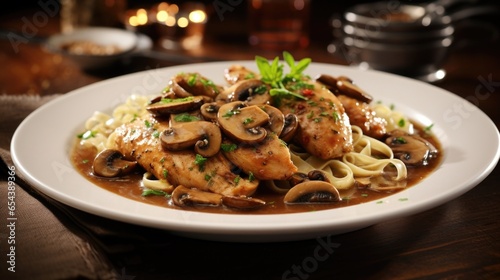 This delectable food snapshot captures the essence of a classic chicken marsala dish. The chicken s are cooked to a delightful crispness, enveloped in a velvety sauce with an exquisite balance photo