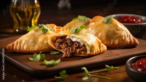 Indulge in a twist on the classic beef empanada, infused with a burst of exotic es like turmeric, coriander, and ginger, gently enhancing the succulent beef filling for a truly memorable