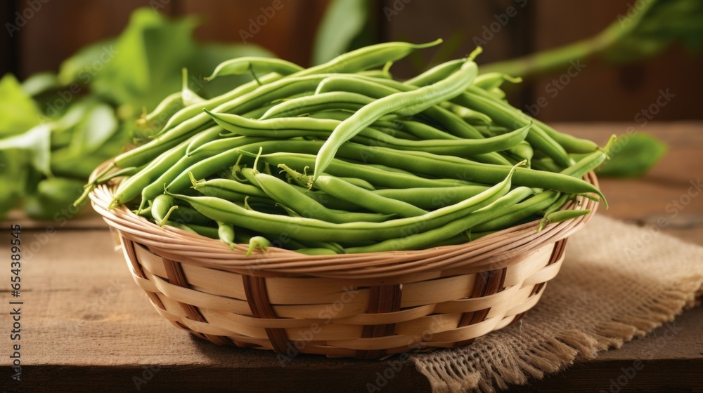 A delicate heap of slender, vibrant green string beans, blanched to retain their crispness, with a naturally sweet taste that complements their satisfying snap.