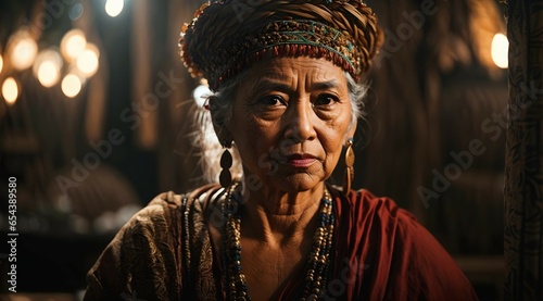 Portrait of elderly wise woman, tribe leader, confident in traditional clothing style, background, banner with copy space text 