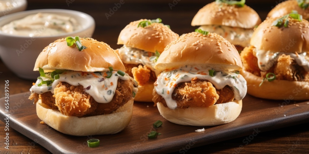 An enticing image showing a platter of oyster sliders. These bitesized wonders feature lightly breaded and fried oysters nestled between soft, toasted buns. A drizzle of creamy aioli adds