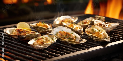 A tantalizing food shot capturing a platter of chargrilled oysters. These savory delights are cooked over an open flame, allowing the natural juices to mingle with a garlic and herb er glaze. photo
