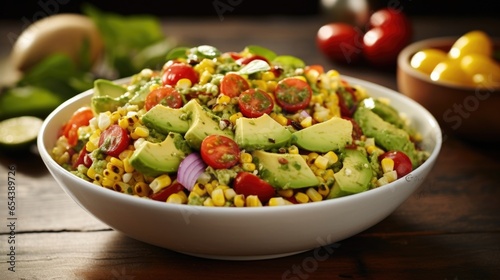 An enticing shot showcasing a colorful corn and avocado salad. The vibrant mix of charred corn kernels, creamy avocado slices, juicy cherry tomatoes, and zesty lime dressing offer a refreshing