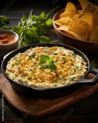An appealing shot showcasing a Mexicanstyle street corn dip. This creamy and cheesy dip is loaded with grilled corn, jalapenos, cilantro, and a blend of melted cheeses, perfect for scooping