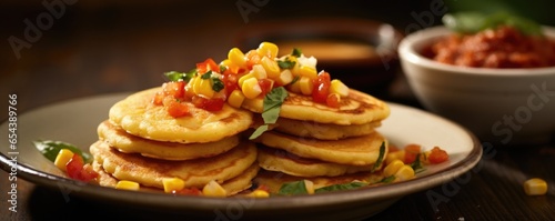 A tempting shot featuring a plate of golden corn pancakes. These fluffy and savory pancakes are made with finely ground cornmeal, studded with sweet corn kernels, and served with a dollop