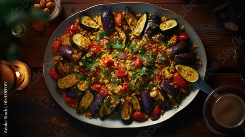 An overhead shot captures a colorful and wholesome dish composed of roasted vegetables like eggplants, zucchini, and bell peppers, gracefully paired with a generous serving of ed bulgur,