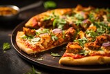 A unique pizza shot displaying a glutenfree cauliflower crust topped with a fragrant and y curryinfused tomato sauce, tender chunks of tandoori chicken, and a sprinkle of finely chopped