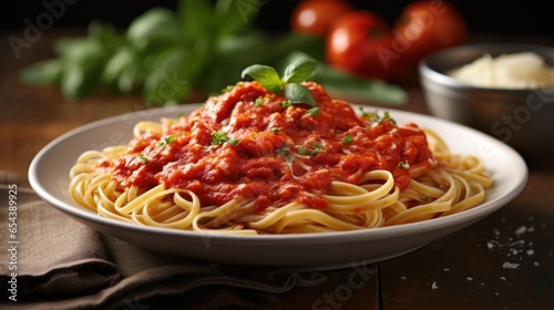 A tantalizing shot of a tomatobased pasta sauce, simmered to perfection with a medley of fresh herbs, aromatic garlic, and finely diced tomatoes, creating a divine blend of flavors.
