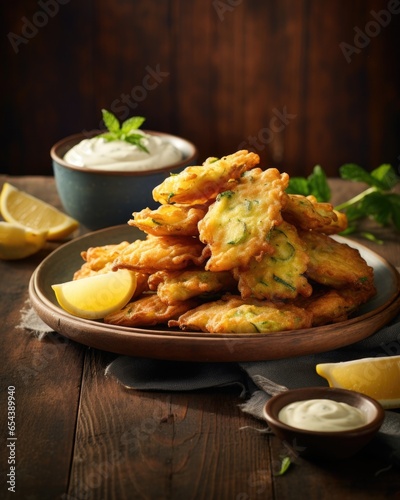 A visually stunning shot showcases a plate of zucchini blossom fritters, delicately battered and fried, revealing a light and crispy texture. These delectable fritters are served with a