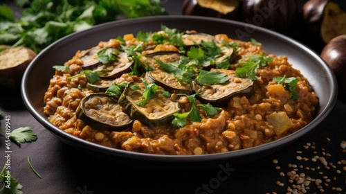 Experience the delightful marriage of flavors in this eggplant and lentil curry, featuring tender, ed eggplant chunks and creamy lentils, simmered in a fragrant tomato and coconut milk sauce