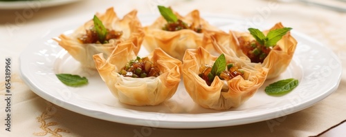A sophisticated appetizer featuring bitesized asparagus bundles wrapped in delicate phyllo pastry, perfectly browned and crispy. The flaky pastry encloses the tender asparagus, creating