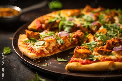 A unique pizza shot displaying a glutenfree cauliflower crust topped with a fragrant and y curryinfused tomato sauce, tender chunks of tandoori chicken, and a sprinkle of finely chopped