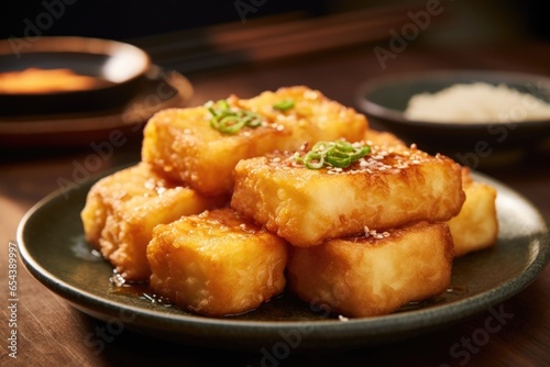 A snapshot of tempura tofu showcases the dishs contrasting textures. The perfectly fried exterior boasts a satisfying crunch, while the silky, meltinyourmouth tofu inside offers a subtle