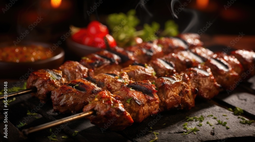  captures the essence of traditional Middle Eastern kebabs as it hones in on succulent ground meat molded onto skewers, revealing a mouthwatering blend of es, including cumin,