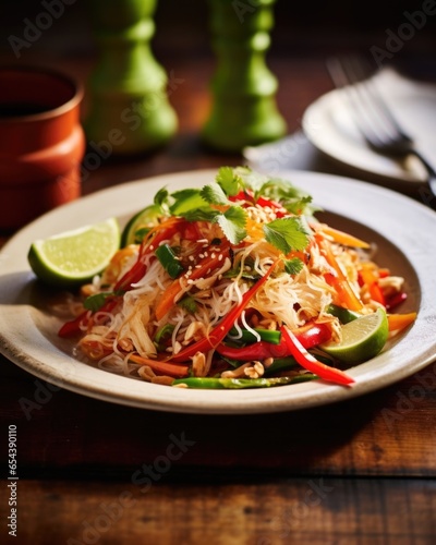 This mouthwatering image showcases a delectable vegetarian twist on Pad Thai, with an array of crisp stirfried vegetables, including crunchy bell peppers, carrots, and zucchini, nestled