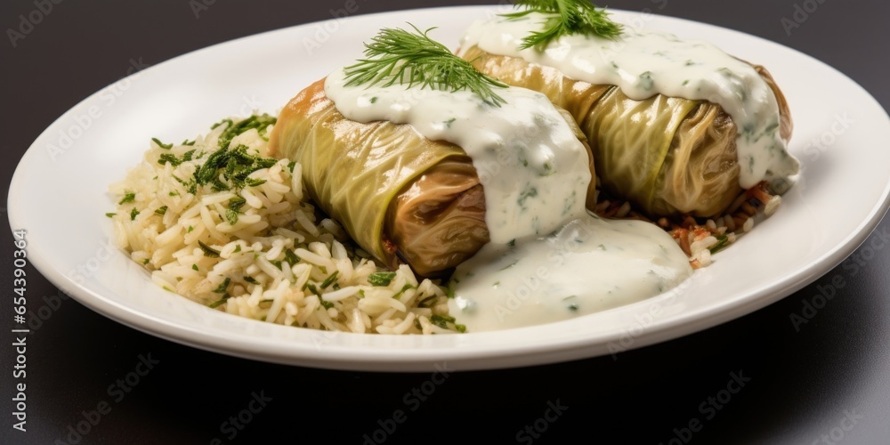 A symphony of flavors embodied in a cabbage roll, featuring a tantalizing combination of aromatic Indian es, basmati rice, and tender chicken, roasted to perfection and served with a side A symphony of flavors embodied in a cabbage roll, featuring a tantalizing combination of aromatic Indian es, basmati rice, and tender chicken, roasted to perfection and served with a side