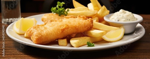 Prepare your taste buds for an utterly satisfying gastronomic experience with this plate of Fish and Chips, where the fish boasts a moist, flaky texture, enrobed in a light and flavorful photo