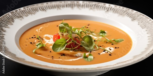 Sad with each sful, this bisques velvety texture reveals a symphony of decadent flavors, as the essence of succulent lobster harmonizes with the subtle tanginess of tomato and the earthy photo