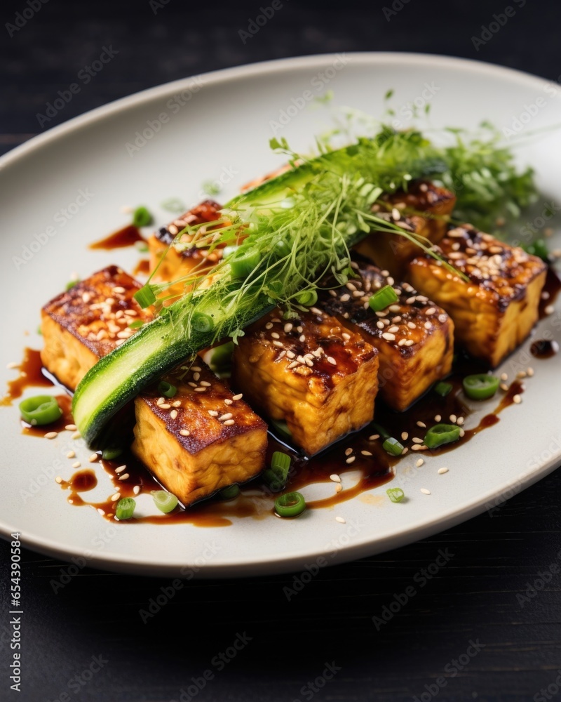 A stunning assortment of grilled tofu, exuding a tempting smoky aroma, its crispy edges contrasting beautifully with the silky, tender interior, served alongside a refreshing cucumber and