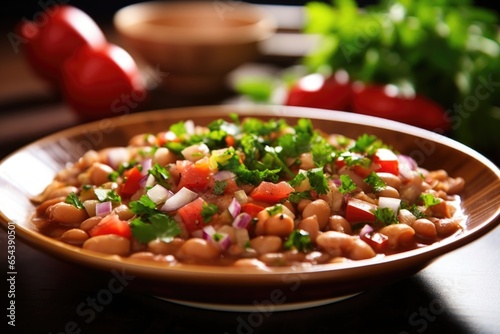 A symphony of colors and textures unfolds with a mouthwatering dish of ful medames plump fava beans simmered to creamy perfection, topped with a mosaic of finely diced tomatoes, onions,
