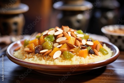 This closeup snapshot showcases a classic Moroccan couscous dish, where fluffy grains are lovingly steamed and served alongside forktender vegetables, plump raisins, and toasted almonds, photo