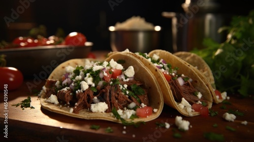 An irresistible food shot of a street taco filled with slowcooked, meltinyourmouth barbacoa beef, topped with a refreshing pico de gallo made of diced tomatoes, onions, and cilantro, and