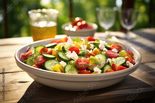 An alluring food shot showcases a colorful and refreshing glutenfree summer salad, featuring a mix of crisp lettuce, juicy cherry tomatoes, sliced cucumbers, tangy feta cheese, and a zesty
