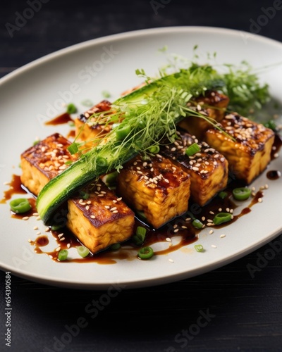 A stunning assortment of grilled tofu, exuding a tempting smoky aroma, its crispy edges contrasting beautifully with the silky, tender interior, served alongside a refreshing cucumber and