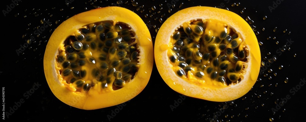 An overhead shot of a perfectly ripe passionfruit sliced in half, exposing its gelatinous pulp dotted with small, black seeds. The vibrant yellow shell of the fruit adds a pop of color against An overhead shot of a perfectly ripe passionfruit sliced in half, exposing its gelatinous pulp dotted with small, black seeds. The vibrant yellow shell of the fruit adds a pop of color against