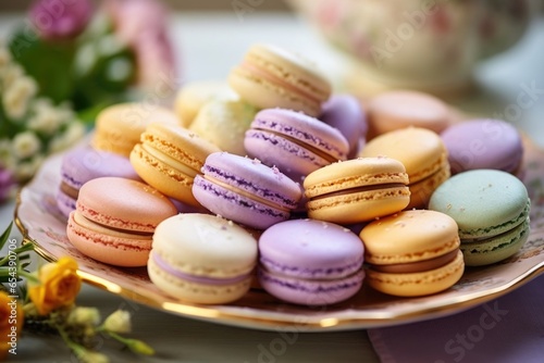 A visually captivating image featuring a platter of dainty tofu macarons, displaying an array of pastel shades and various flavors, from zesty orange to fragrant lavender, with a velvety