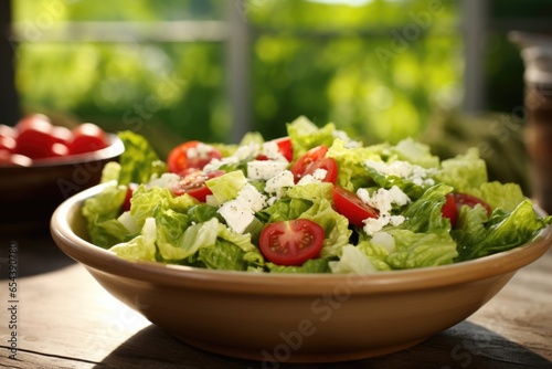 Picture a vibrant green salad that bursts with flavors. Crisp romaine lettuce leaves provide the perfect bed for juicy tomatoes, sliced cucumbers, and tangy feta cheese. Tossed with a zesty