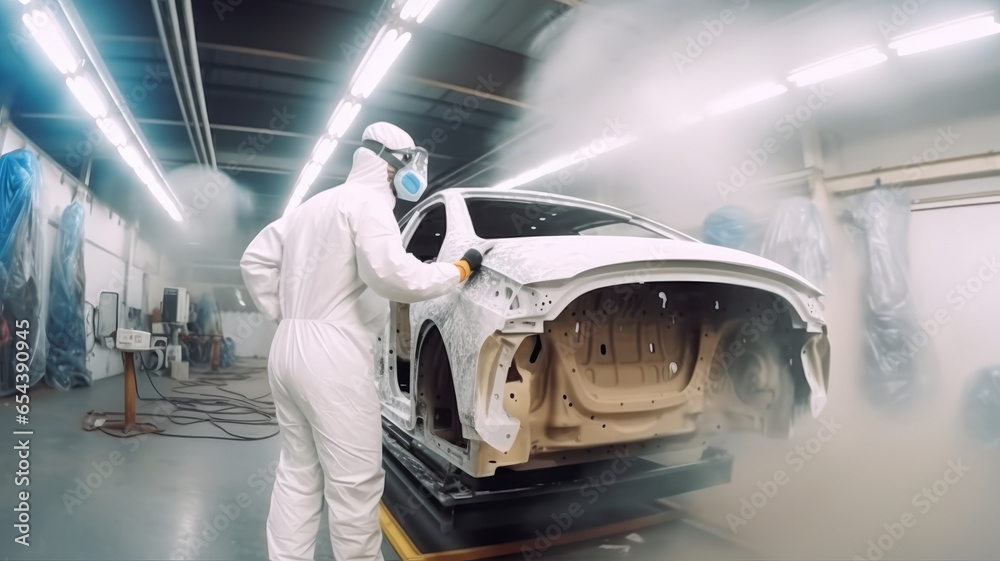 auto mechanic worker painting, automobile repairman painter in protective workwear. auto mechanic worker painting, automobile repairman painter in protective workwear.